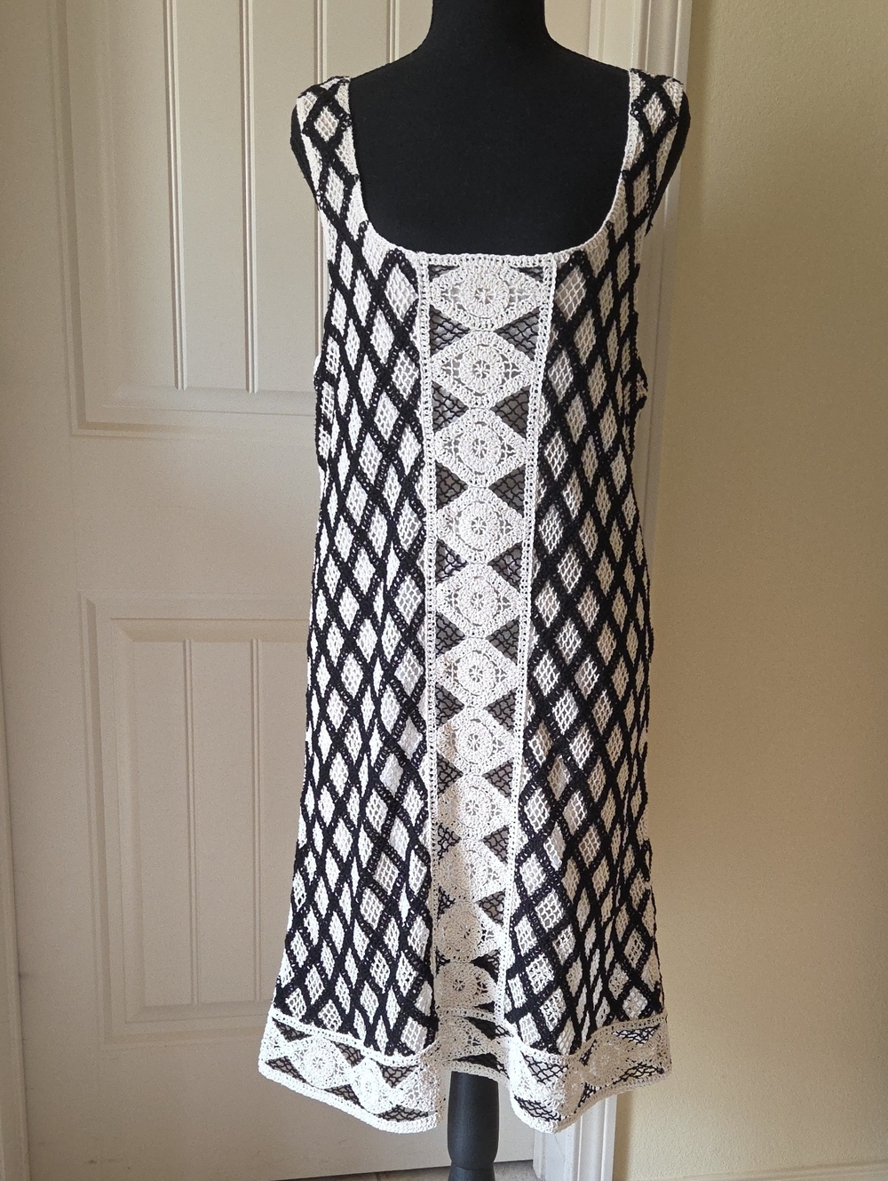 Z Supply Black & Cream Playa Crochet Sleeveless Square Neck Mini Dress, Size XL